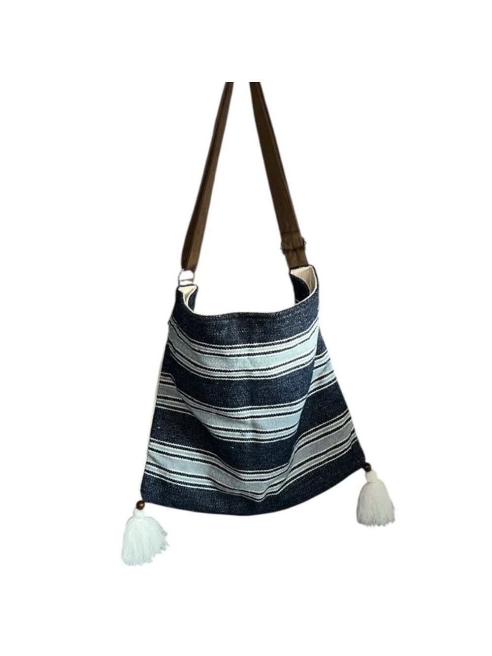 Vestopazzo Boho Cotton Weave Crossbody Denim Blues and Cream Tassel Accents